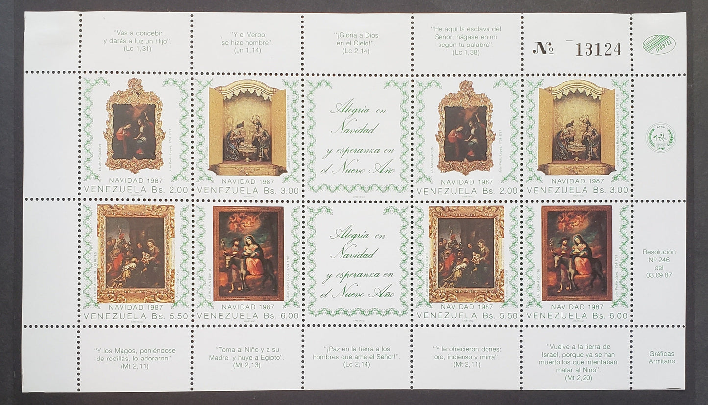 Lot 12 Venezuela SC#1396var 1987 Christmas Issue, A VFNH Sheet Of 8 With Labels, Click on Listing to See ALL Pictures, 2017 Scott Cat. $13.5