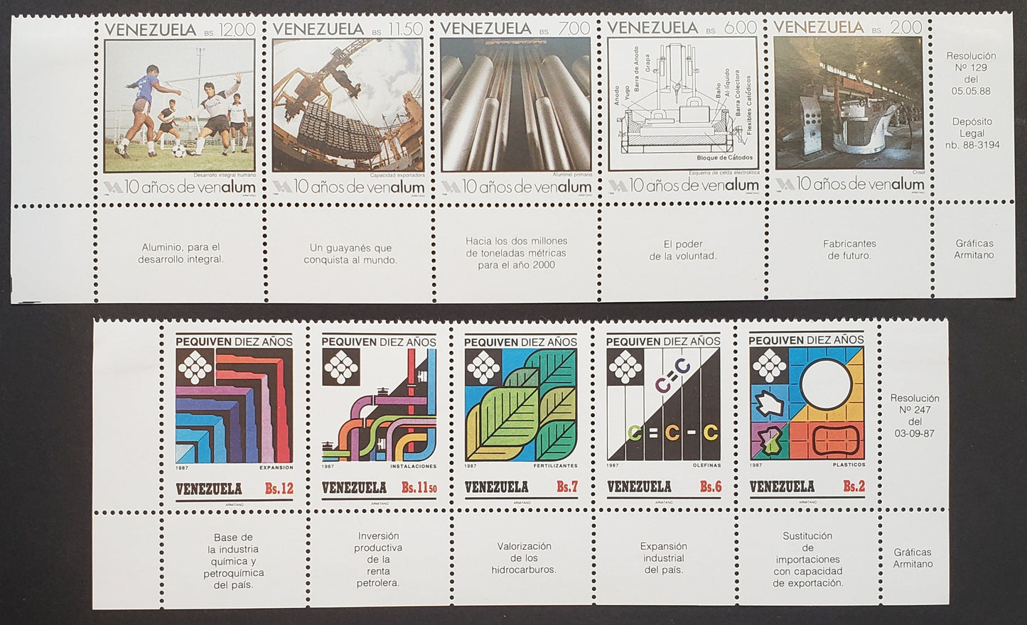 Lot 13 Venezuela SC#1399/1415 1987-1988 Pequiven Petrochemical Co. / Venalum Natl. Aluminum Corp Issues, 2 VFNH Strips Of 5, Click on Listing to See ALL Pictures, 2017 Scott Cat. $15.25