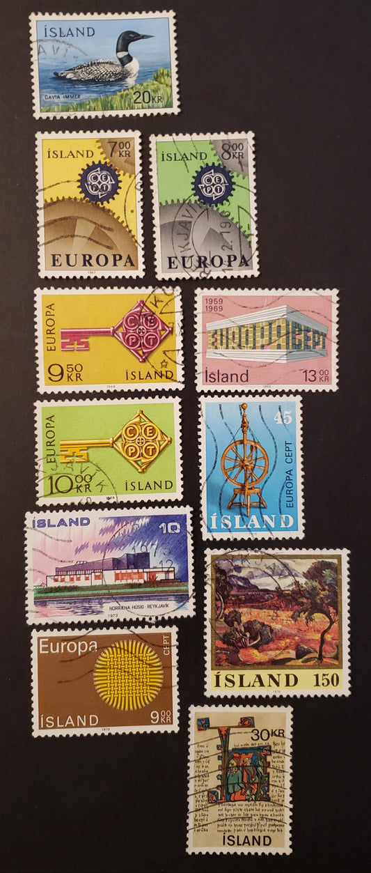 Iceland SC#388/491 1967-1976 Common Loon / Europa Issues, 11 F-VF Used Singles, Click on Listing to See ALL Pictures, 2017 Scott Cat. $18.8