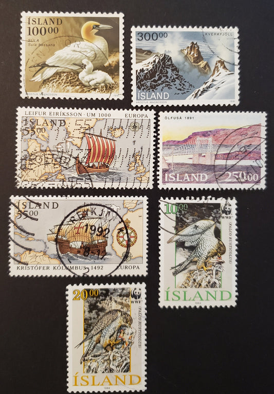Iceland SC#722/764 1991-1992 Birds / Falco Rusticolus Issues, 7 Fine & VF Used Singles, Click on Listing to See ALL Pictures, 2017 Scott Cat. $14.8