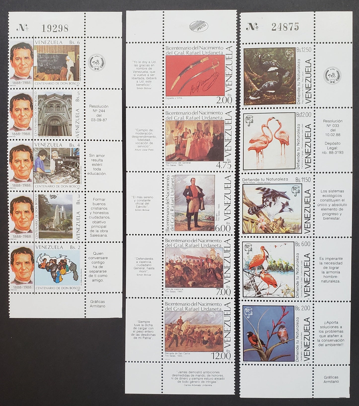 Lot 14 Venezuela SC#1400/1418 1987-1988 St. John Bosco / Paintings By Salas Issues, 3 VFOG Strips Of 5, Click on Listing to See ALL Pictures, 2017 Scott Cat. $19