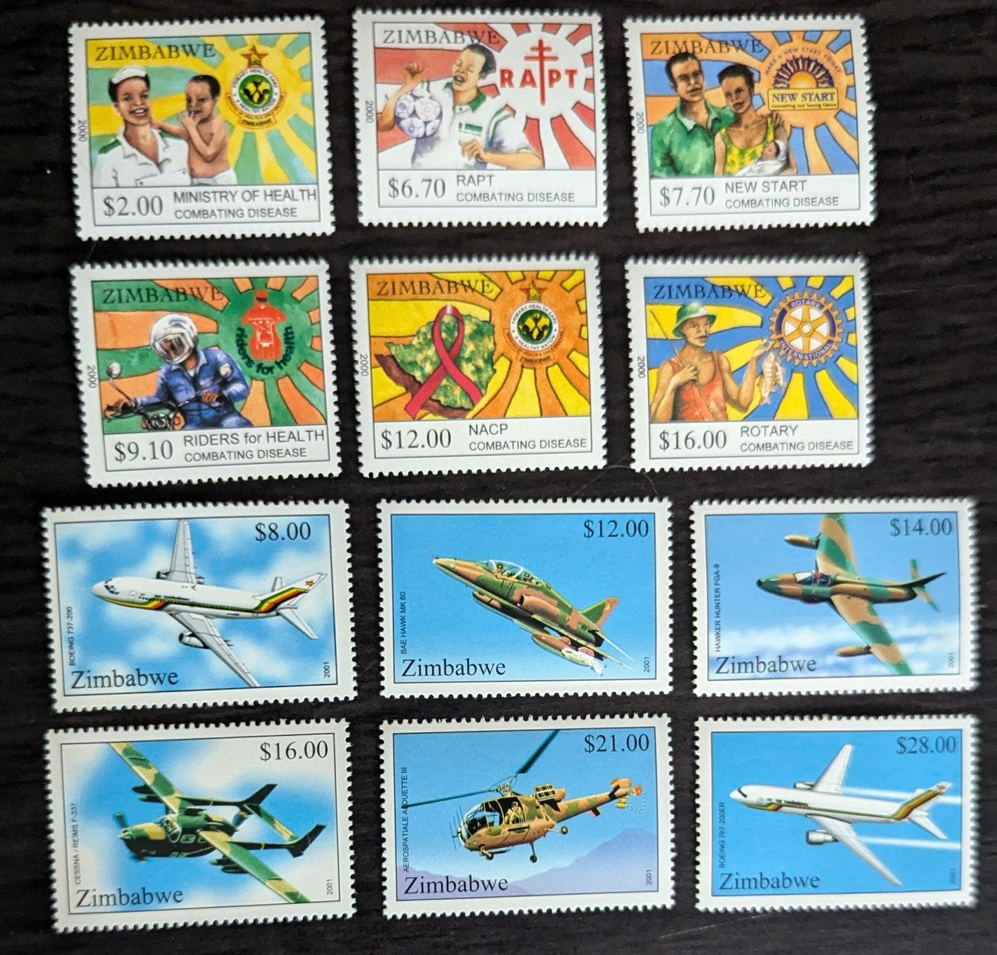 Lot 203 Zimbabwe SC#864/881 2000-2001 Organizations Combatting Disease - Aviation Issues, 12 VFNH Singles, Click on Listing to See ALL Pictures, 2017 Scott Cat. $11.45