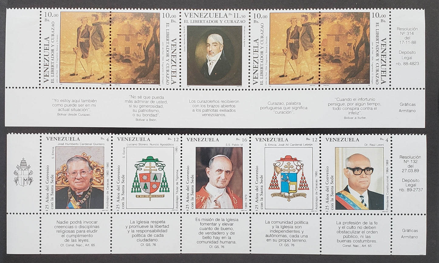 Lot 20 Venezuela SC#1430Bc/1431 1989 Portrait Of Ricardo / Convention With Holy See, 25th Anniv. Issues, 2 VFNH Strips Of 5, Click on Listing to See ALL Pictures, 2017 Scott Cat. $14.25