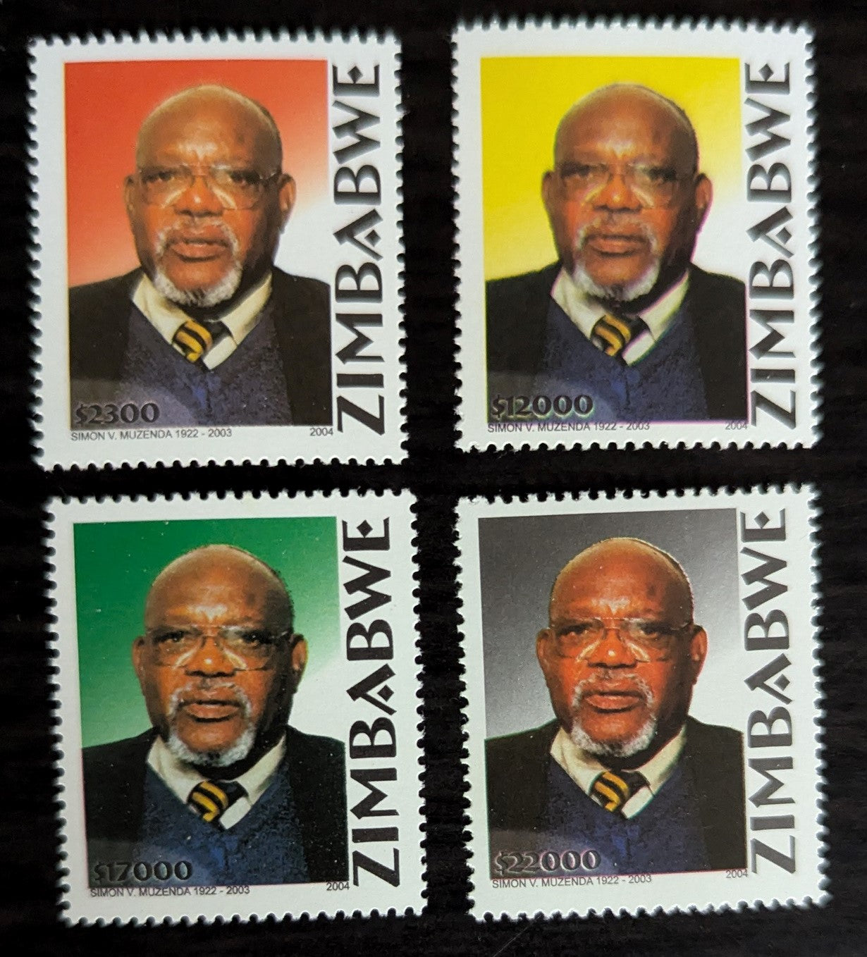 Lot 216 Zimbabwe SC#969-972 2004 Co-Vice President Simon Vengai Muzenda Issue, 4 VFNH Singles, Click on Listing to See ALL Pictures, 2017 Scott Cat. $17.5