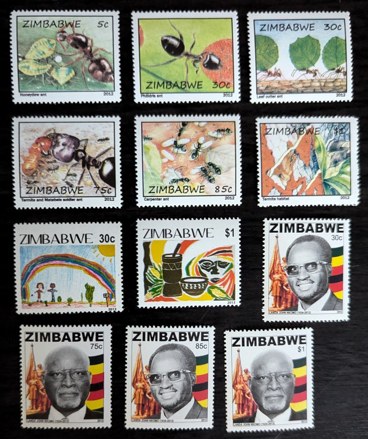 Lot 240 Zimbabwe SC#1155-1166 2012-2013 Ants & Termites - Landa John Nkomo Issues, 12 VFNH Singles, Click on Listing to See ALL Pictures, 2017 Scott Cat. $15.1