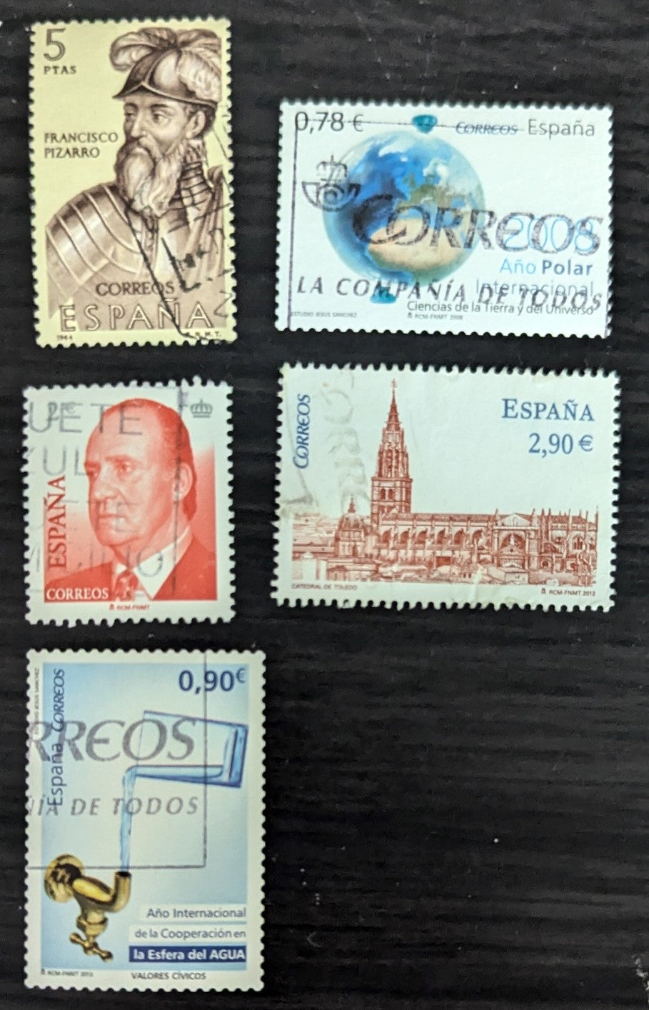 Lot 243 Spain SC#1278/3893 1964-2013 Francisco Pizarro - Int'l Year of Cooperation In the Field of Water Issues, 5 Very Fine Used Singles, Click on Listing to See ALL Pictures, 2017 Scott Cat. $12.75