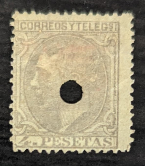 Lot 244 Spain SC#250 4p Lilac Gray 1879 King Alfonso XII Issue, Telegraph Hole Punch, A VG Used Single, Click on Listing to See ALL Pictures, 2017 Scott Cat. $16.75