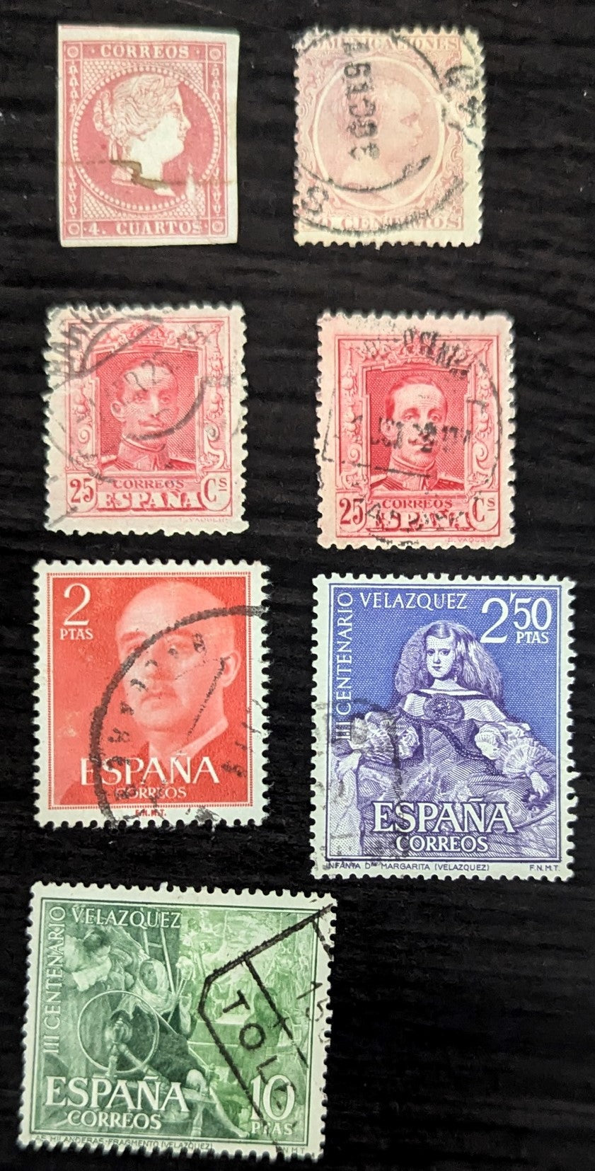 Lot 245 Spain SC#37/986 1855-1961 Queen Isabela II - Velaquez 'The Spinners' Issues, 7 VG To VF Used Singles, Click on Listing to See ALL Pictures, 2017 Scott Cat. $9.85