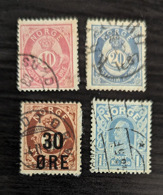 Norway SC#25/71 1877-1918 Posthorn with San-serif & King Haakon VII Issues, 4 Fine & Very Fine Used Singles, Click on Listing to See ALL Pictures, 2017 Scott Cat. $15