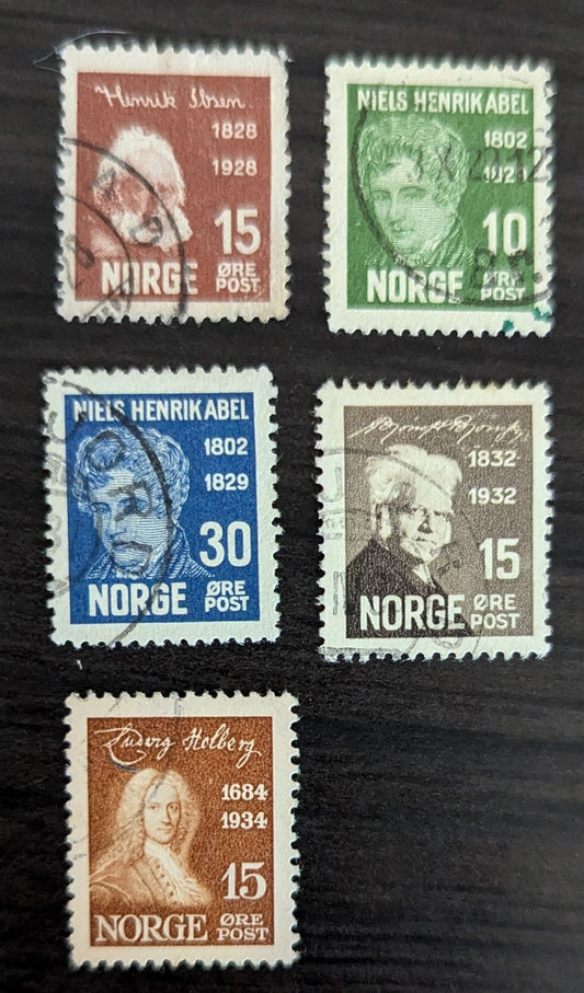 Norway SC#133/159 1928-1934 Henrik Ibsen - Holberg Issues, 5 Very Fine Used Singles, Click on Listing to See ALL Pictures, 2017 Scott Cat. $11.25