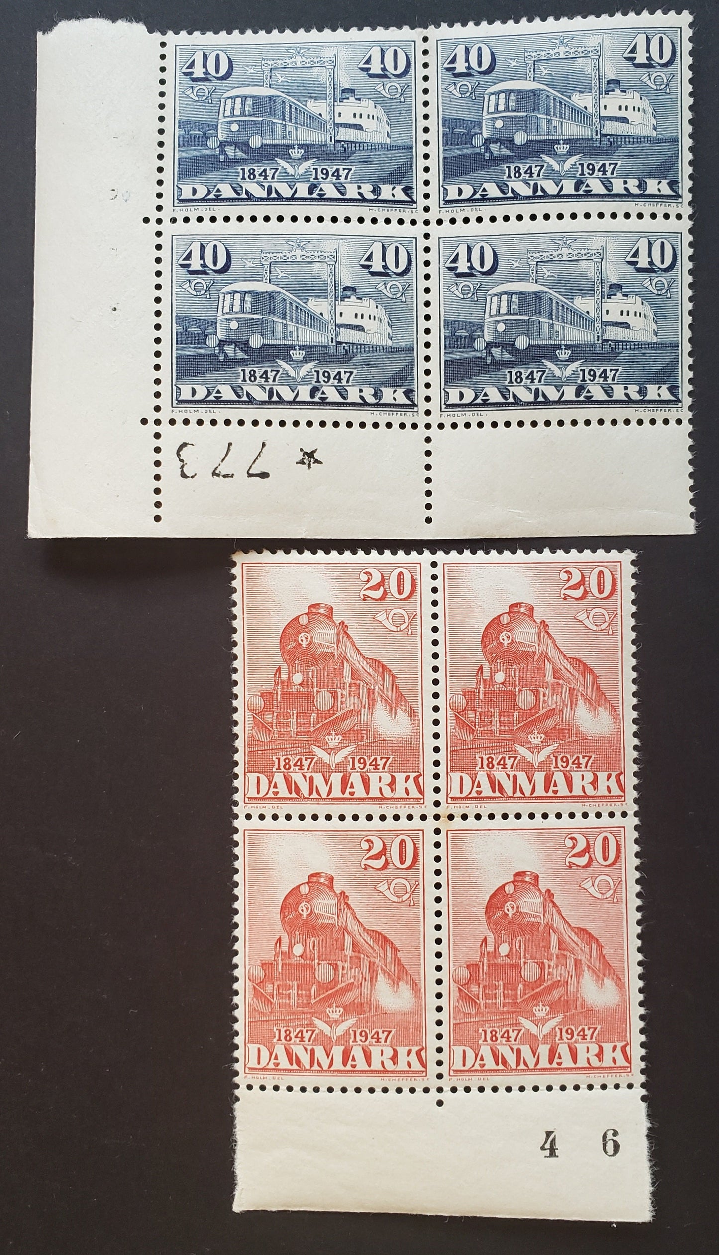 Denmark SC#302/303 1947 Danish State Railway Issue, A VFNH Plate Block And Block Of 4, Click on Listing to See ALL Pictures, 2017 Scott Cat. $19.4