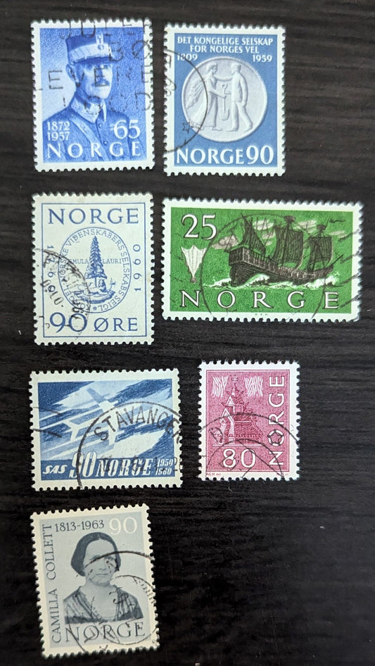 Norway SC#359/432 1957-1963 King Haakon VII - Camilla Collett Issues, 7 Very Fine Used Singles, Click on Listing to See ALL Pictures, 2017 Scott Cat. $12