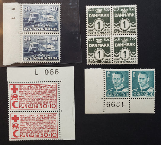 Lot 29 Denmark SC#220/B35 1933-1966 Wavy Lines And Numeral / Red Cross Issues, 3 VFNH Pairs And A Block Of 4, Click on Listing to See ALL Pictures, 2017 Scott Cat. $15.35