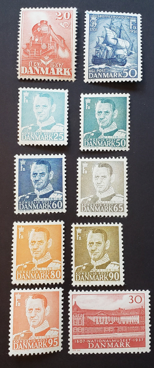 Lot 37 Denmark SC#302/363 1947-1957 Danish State Railways / 150th Anniv. Of The National Museum Issues, 10 VFOG Singles, Click on Listing to See ALL Pictures, 2017 Scott Cat. $15.15