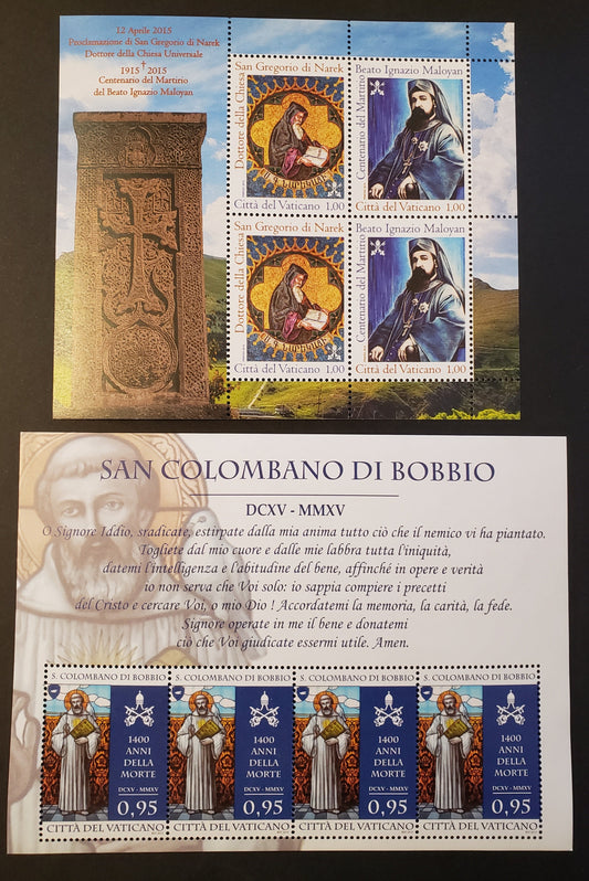 Lot 3 Vatican City SC#1595var/1603var 2015 American Religious Figures / St. Colombanus Of Bobbio Issues, 2 VFNH Sheets Of 4, Click on Listing to See ALL Pictures, 2017 Scott Cat. $17