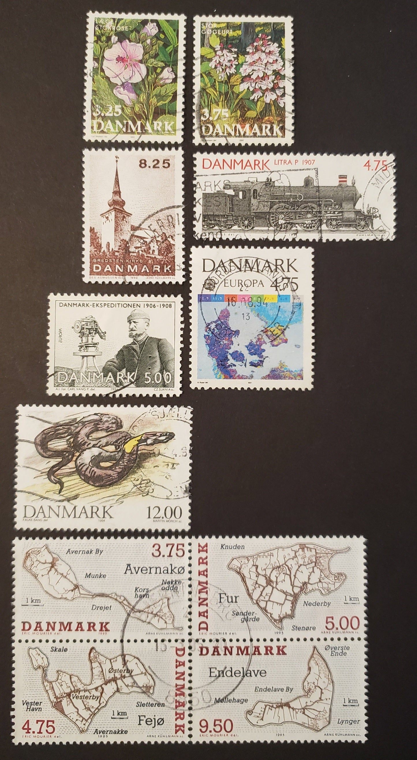 Lot 46 Denmark SC#920/1025 1990-1995 Endangered Plant Species / Danish Islands, 7 Very Fine Used Singles And A Block Of 4, Click on Listing to See ALL Pictures, 2017 Scott Cat. $21.95