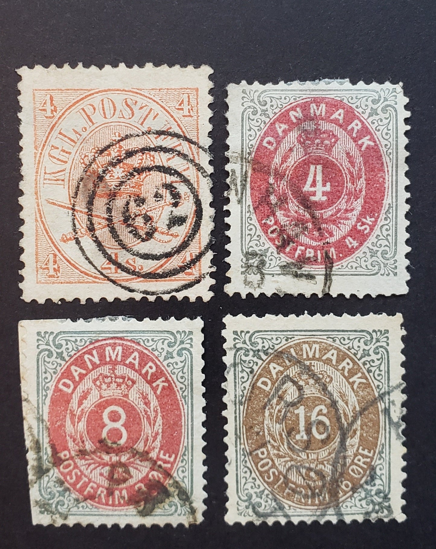 Lot 59 Denmark SC#13/30 1864-1879 Royal Emblems Issues, 4 VG-F Used Singles, 4s Red Appears VF, But Has Thin, 8sk Cut Along Left Side, Click on Listing to See ALL Pictures, 2017 Scott Cat. $29