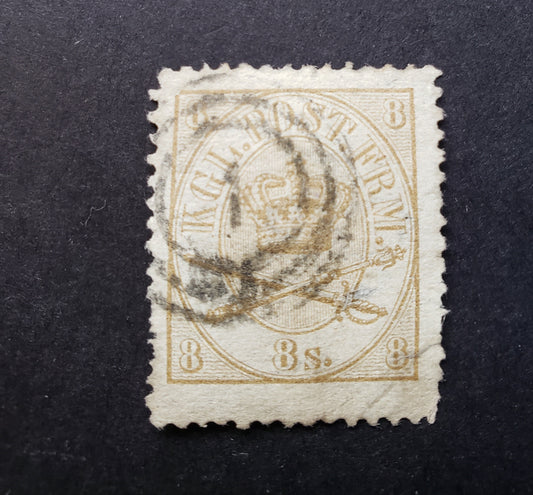 Lot 60 Denmark SC#14 8s Bister 1864-1868 Royal Emblems Issue, Perf 13, Thinned And Creased, With Short Perfs, But VF Centered,  A Fair Used Single, Click on Listing to See ALL Pictures, Estimated Value $5, Cat. $95