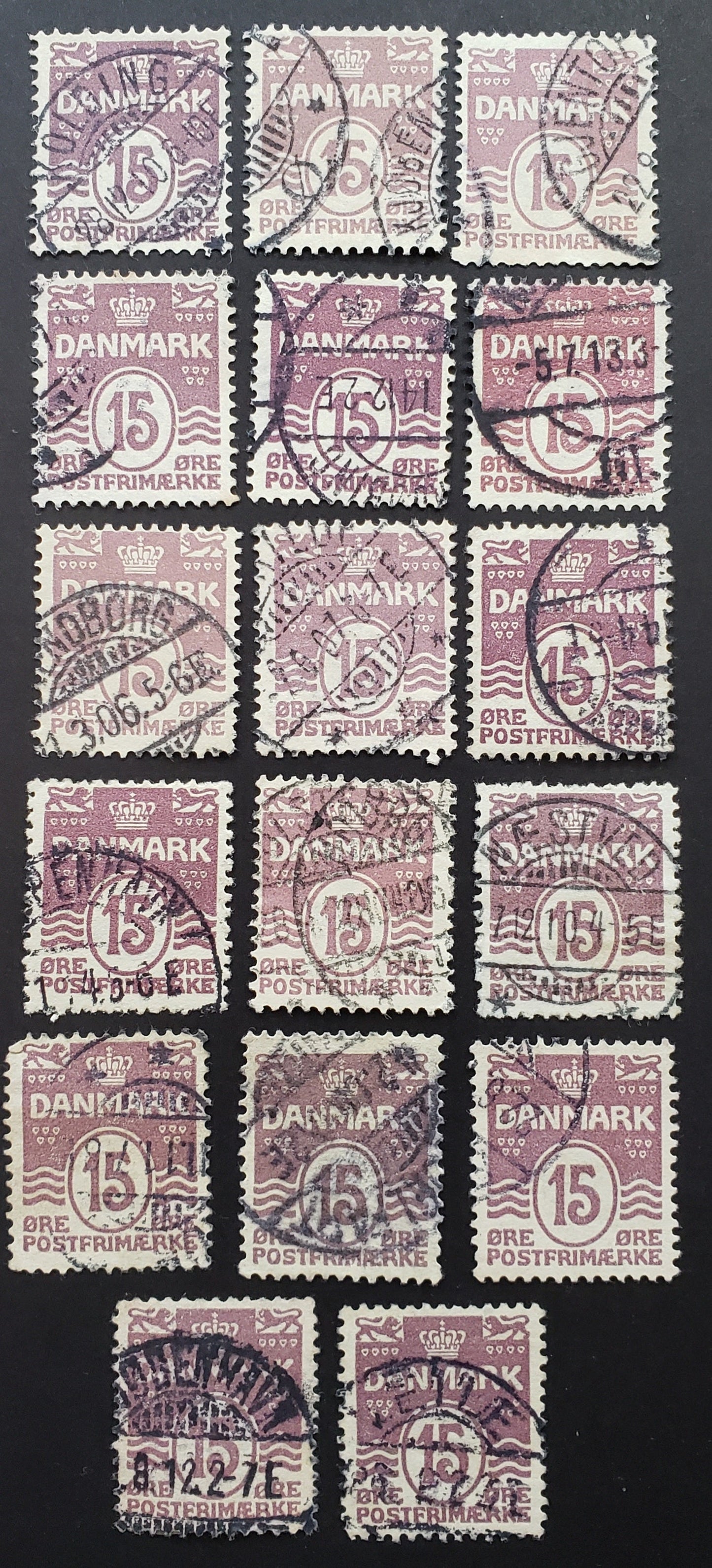 Lot 67 Denmark SC#63 1905-1917 Wavy Lines And Numeral Issue, 17 VG-VF Used Singles, Some Shade & Cancel Interest, Majority Fine Or Better, Click on Listing to See ALL Pictures, 2017 Scott Cat. $38.25