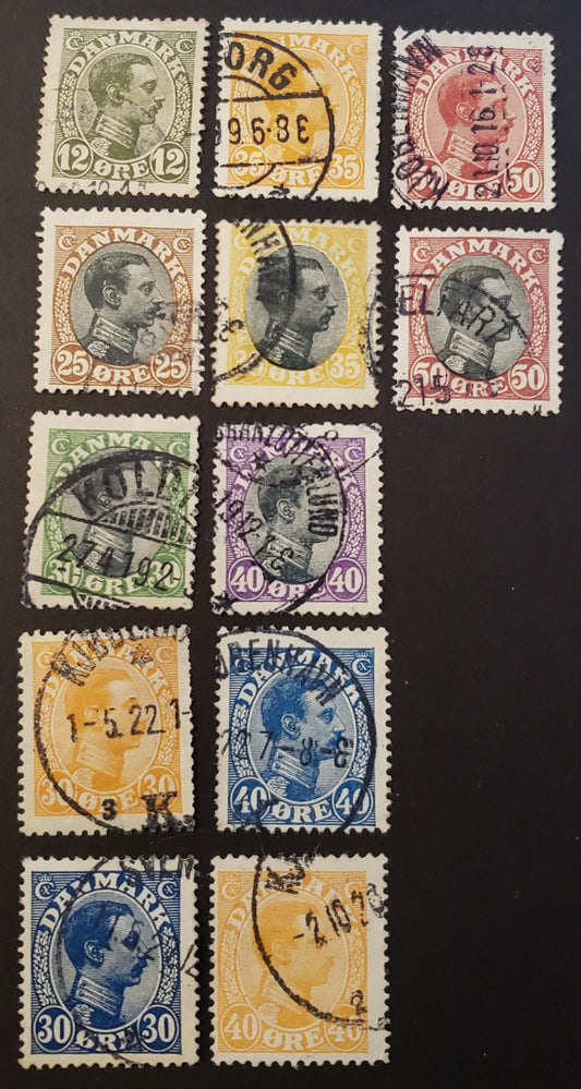 Lot 74 Denmark SC#101/121 1913-1928 King Christian X Issue, 12 F-VF Used Singles, Click on Listing to See ALL Pictures, 2017 Scott Cat. $54.35