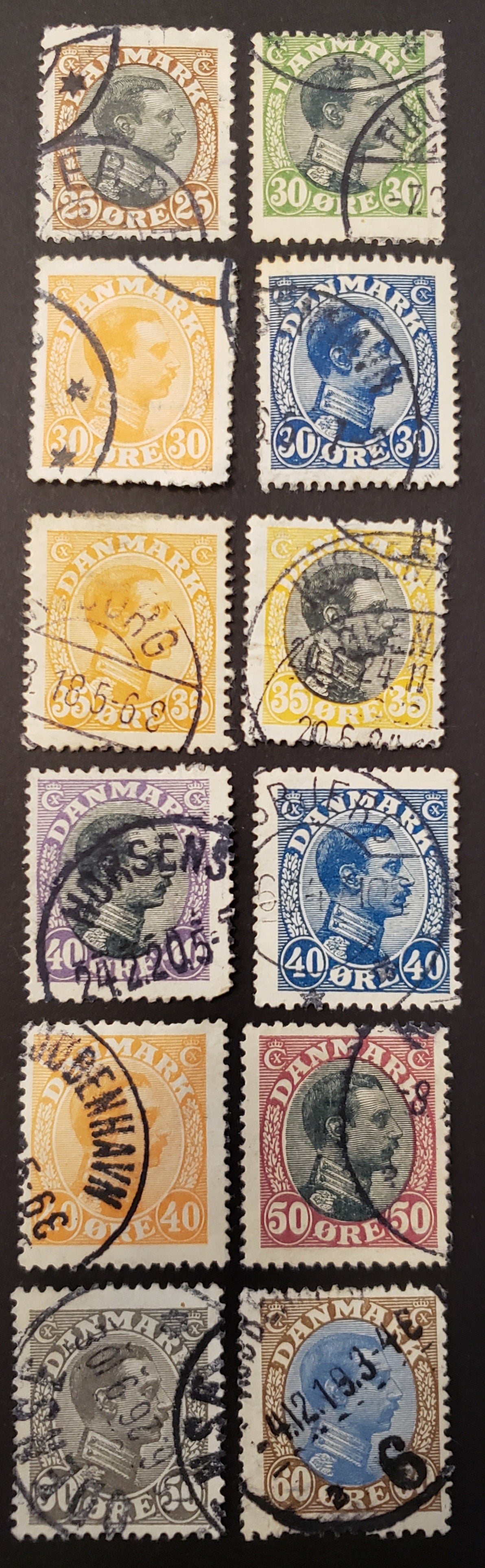 Lot 75 Denmark SC#107/123 1913-1928 King Christian X Issue, 12 VG-F Used Singles, Most Being Fine, Click on Listing to See ALL Pictures, 2017 Scott Cat. $50.35