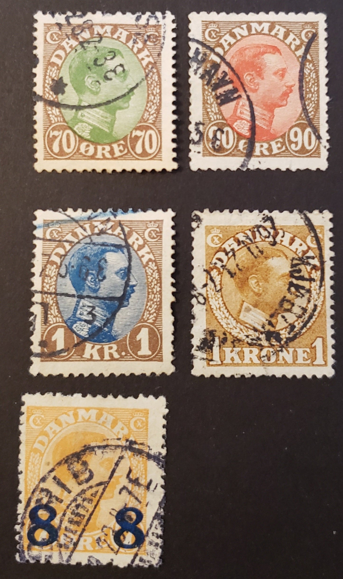 Denmark SC#125/161 1913-1922 King Christian X / Surcharged Wavy Lines And Numeral Issues, 5 VG to VF Used Singles, Click on Listing to See ALL Pictures, 2017 Scott Cat. $11.75