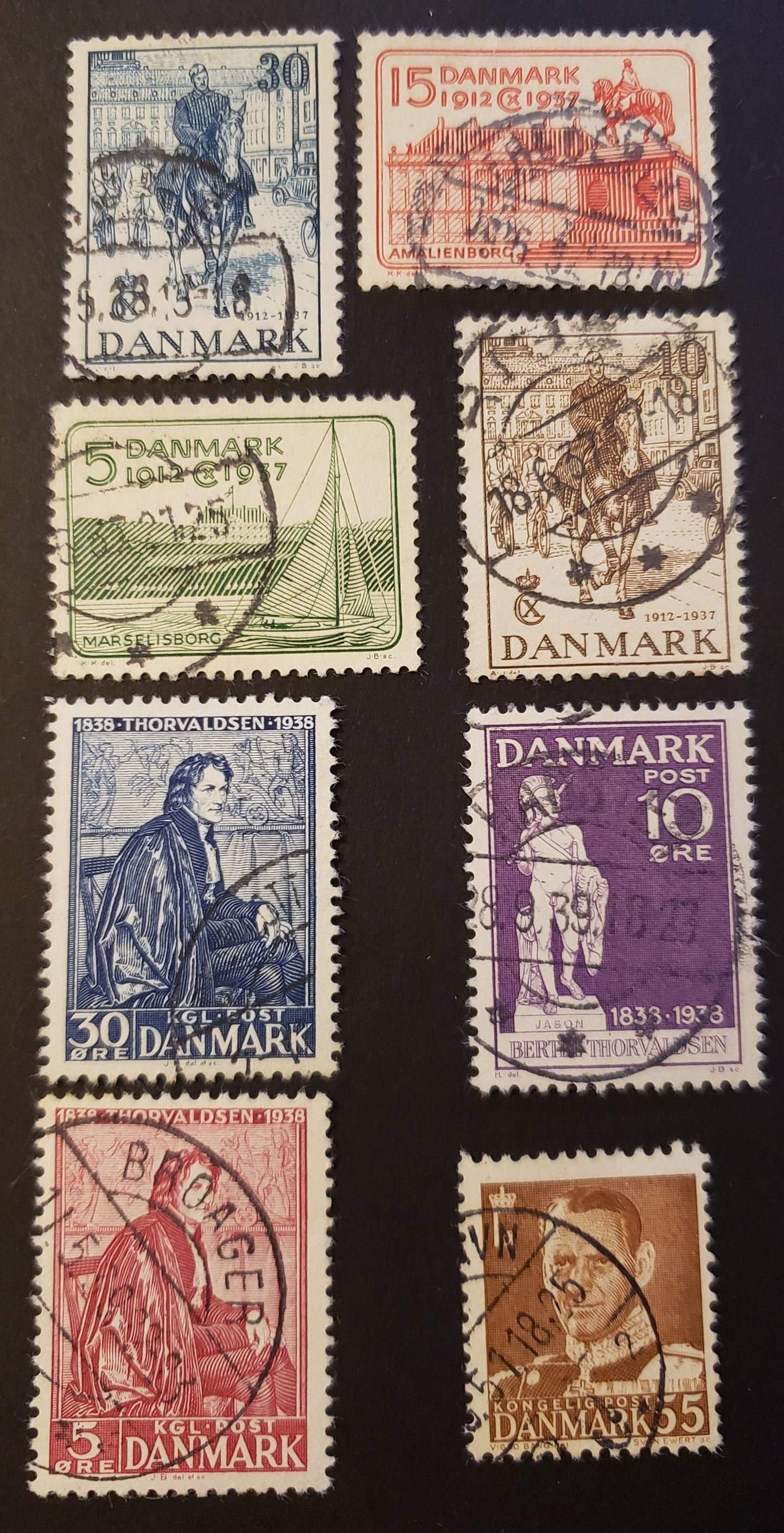 Denmark SC#258/325 1938-1951 25th Anniv. Of King Christian X Accession / Frederik IX Issues, 8 VF and Fine Used Singles, Click on Listing to See ALL Pictures, 2017 Scott Cat. $7.25