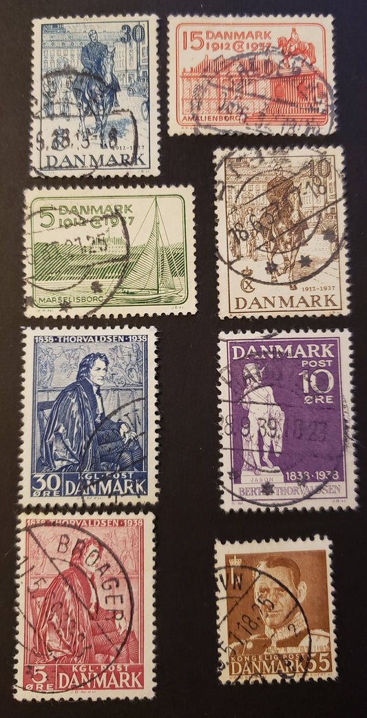 Denmark SC#258/325 1938-1951 25th Anniv. Of King Christian X Accession / Frederik IX Issues, 8 VF and Fine Used Singles, Click on Listing to See ALL Pictures, 2017 Scott Cat. $7.25