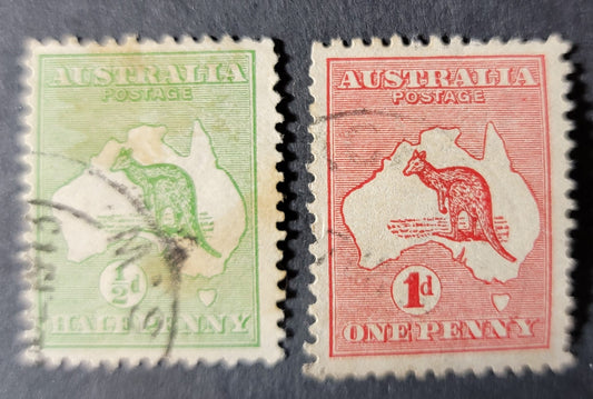 Australia SC#1-2 1913 Kangaroo & Map Issue, Wmk 8, 2  Fine Used Singles, Click on Listing to See ALL Pictures, 2017 Scott Cat. $8