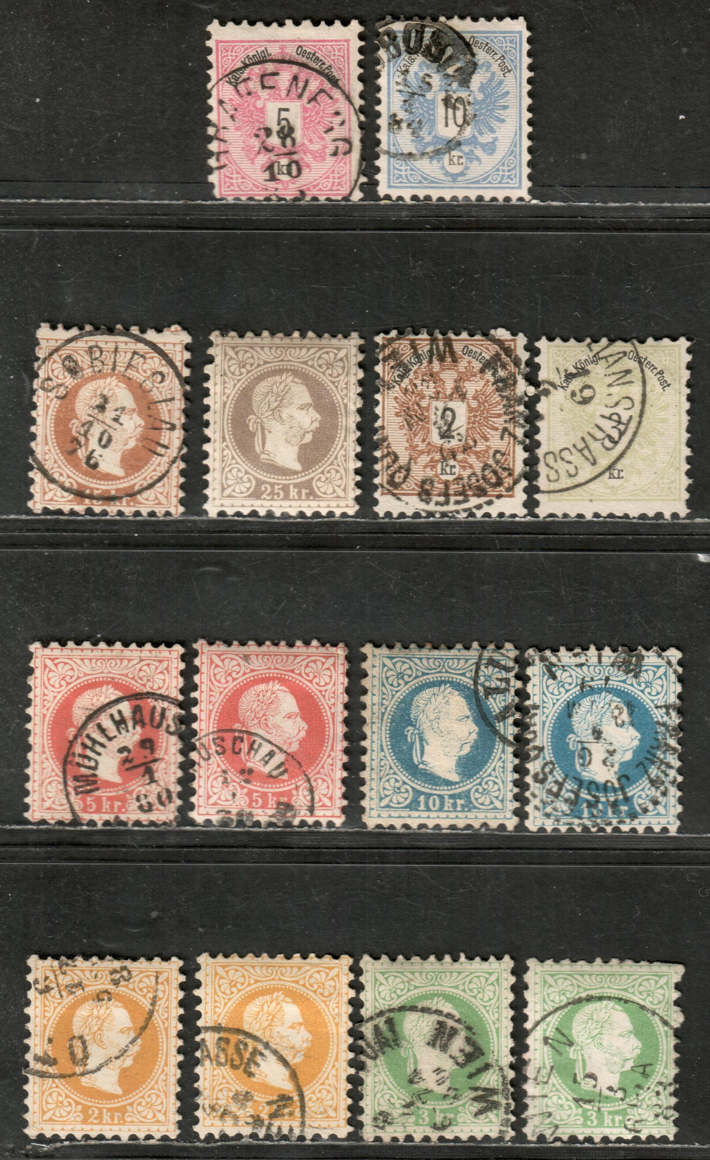 Lot 13 Austria SC#34/44 1874-1883 Franz Josef / Coat Of Arms Issues, Fine Print, 14 F-VF Used  & OG Singles, Click on Listing to See ALL Pictures, 2022 Scott Classic Cat. $15.25