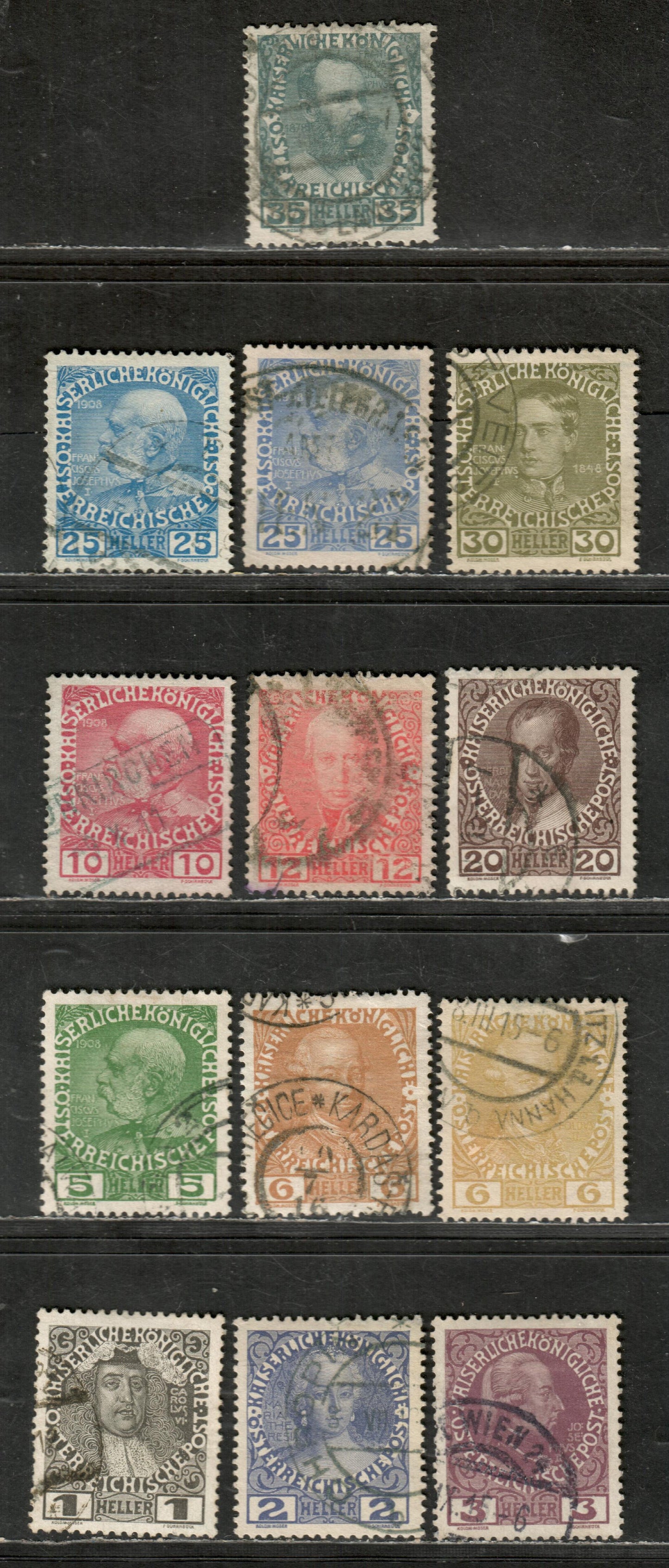 Lot 17 Austria SC#110a/120 1908-1916 Reign Of Franz Josef Issue, 13 F-VF Used Singles, Click on Listing to See ALL Pictures, 2022 Scott Classic Cat. $8.05