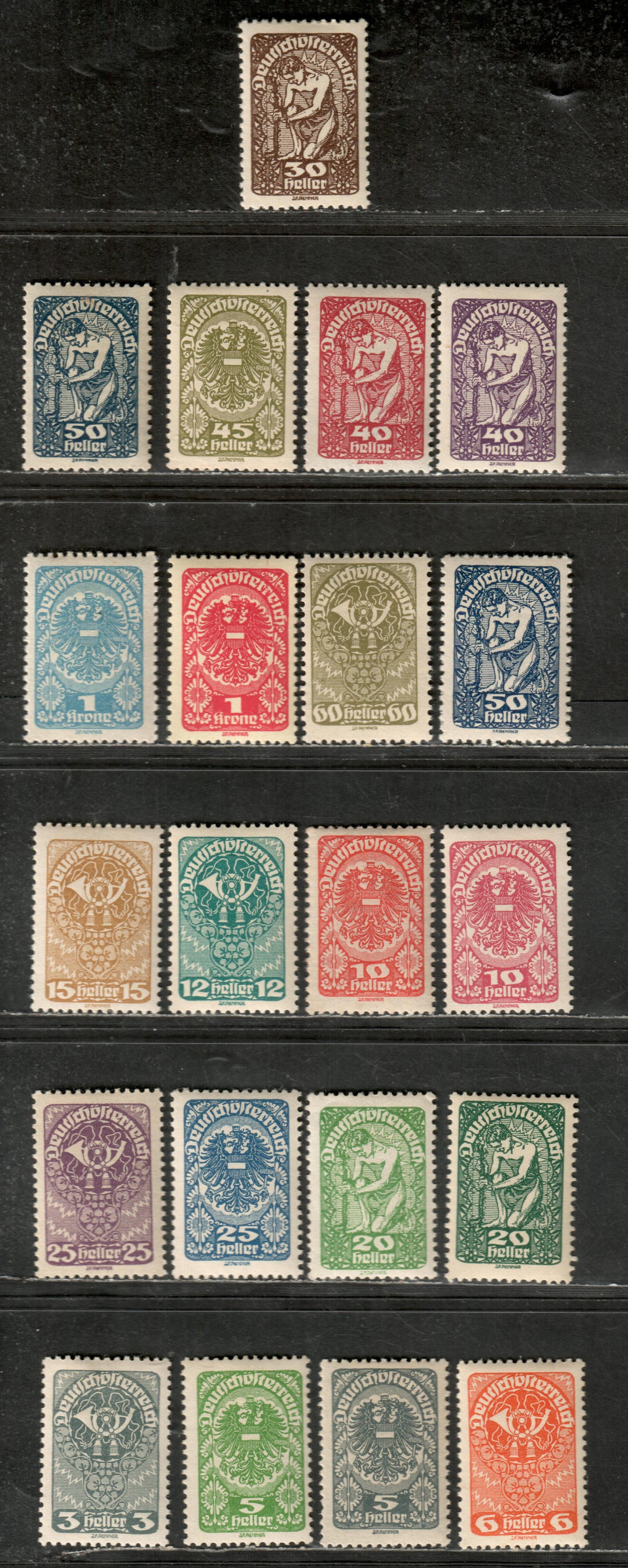 Lot 23 Austria SC#200a/218 1919-1920 Post Horn / Allegory Of New Republic Issue, 21 VFOG Singles, Click on Listing to See ALL Pictures, 2022 Scott Classic Cat. $33.5