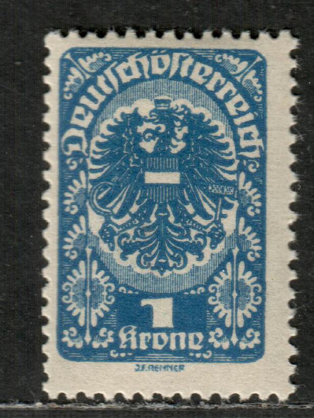 Lot 24 Austria SC#218a 1k Deep Blue 1919-1920 Post Horn / Allegory Of New Republic Issue, A Fine OG Single, Scarce, As The Common Stamp Is Light Blue,  Click on Listing to See ALL Pictures, 2022 Scott Classic Cat. $155