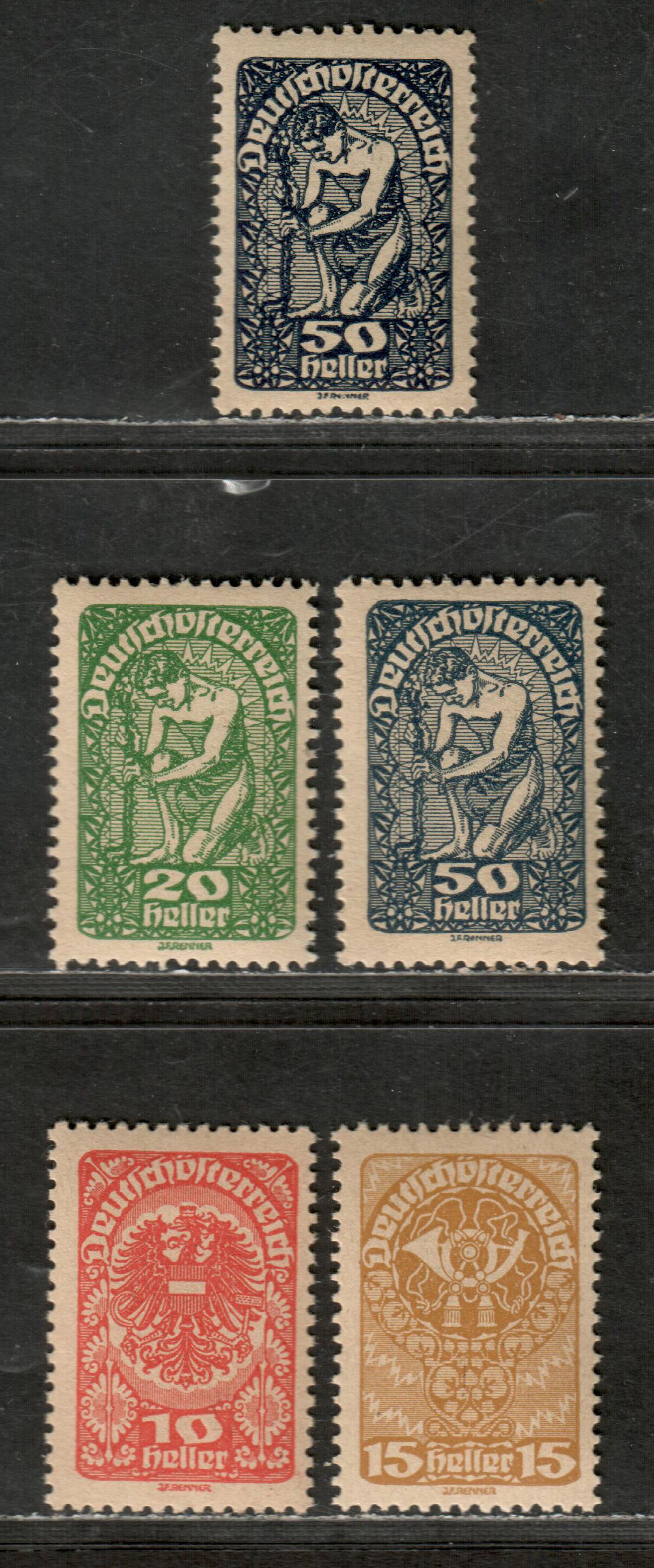 Lot 25 Austria SC#205a/215a 1919-1920 Post Horn / Allegory Of New Republic Issue, 5 VFOG Singles, Click on Listing to See ALL Pictures, 2022 Scott Classic Cat. $2.9