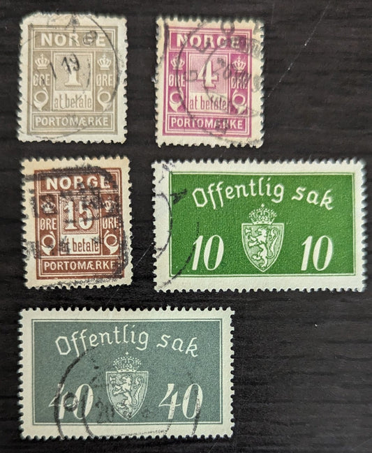 Norway SC#J1/O18 1915-1934 Postage Dues - Coat of Arms Offical Issues, 5 Fine & Very Fine Used Singles, Click on Listing to See ALL Pictures, 2017 Scott Cat. $8.75