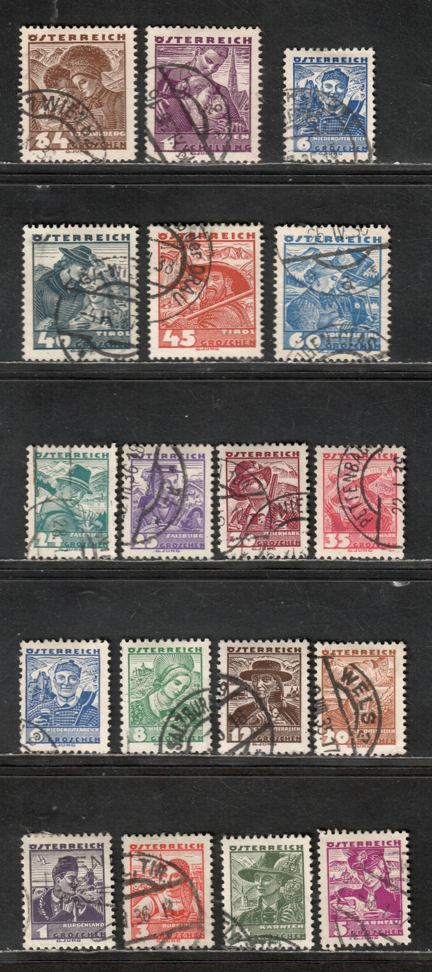 Lot 38 Austria SC#354/372 1934-1935 Costumes Of Various Districts Issue, 18 F-VF Used Singles, Click on Listing to See ALL Pictures, 2022 Scott Classic Cat. $5.15