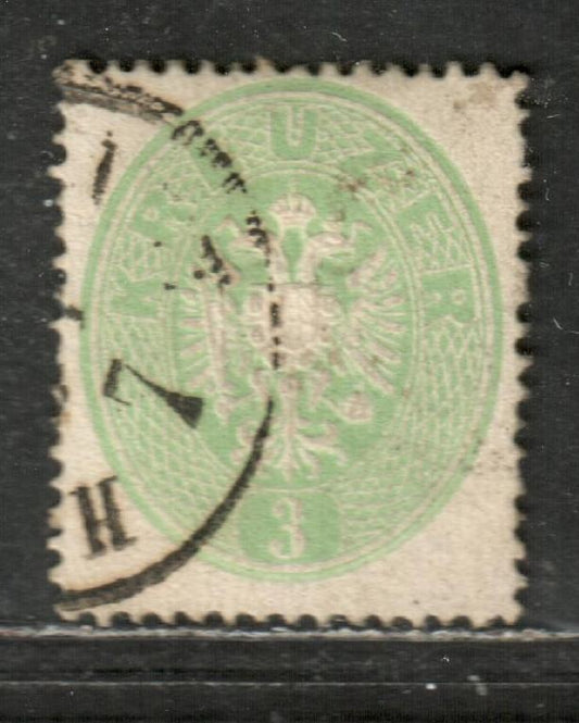 Lot 4 Austria SC#18 3kr Green 1863 Coat Of Arms Issue, A Very Fine Used Single, Click on Listing to See ALL Pictures, 2022 Scott Classic Cat. $100