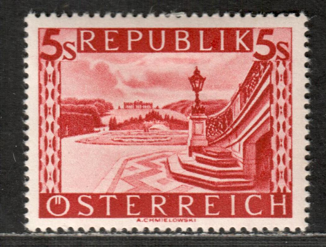 Lot 46 Austria SC#499 5s Dark Red 1946 Scenic Issue With Re-Engraved Top & Bottom Panels Appearing Solid, A Fine OG Single, VF Appearing, But Some Gum Toning & Tiny Gum Thin, Click on Listing to See ALL Pictures, 2017 Scott Cat. $40