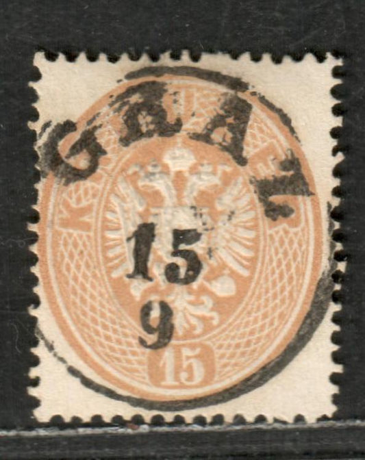 Lot 7 Austria SC#21 15kr Yellow Brown 1863 Coat Of Arms Issue, A Very Fine Used Single, Click on Listing to See ALL Pictures, 2022 Scott Classic Cat. $18