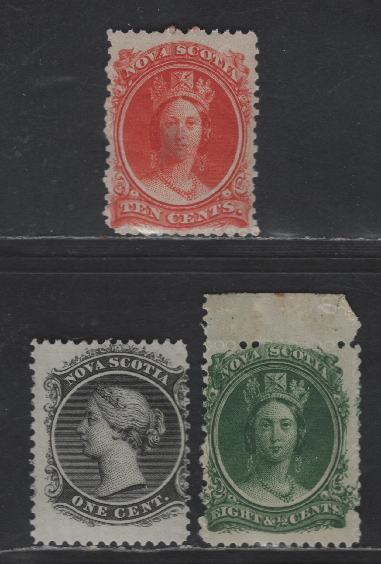 Lot 142 Nova Scotia #8a, 11a, 12 1c, 8.5c, 10c Black, Dark Green & Vermilion Queen Victoria, 1860-1867 Cents Issue, 3 VGNH & Fine NH Singles All On White Paper, Perf 12 x 11.75, 12, And 11.75 x 12