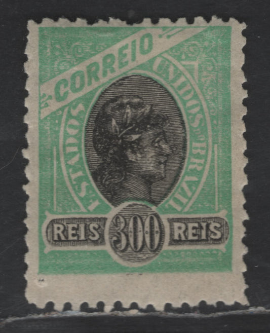 Lot 25 Brazil SC#119b 300r Green & Black 1894-1897 Liberty Head Issue, 1902-1905 Printing With Wider Spacing Between Stamps, Unwatermarked, A FOG Single, Click on Listing to See ALL Pictures, 2022 Scott Classic Cat. $35, Net. Est. $18