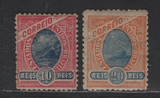 Lot 28 Brazil SC#166-167 1905 Sugarloaf Mountain Issue, Wmk 97 & Wmk 98, 2 FOG Singles, Click on Listing to See ALL Pictures, 2022 Scott Classic Cat. $19, Net Est. $13