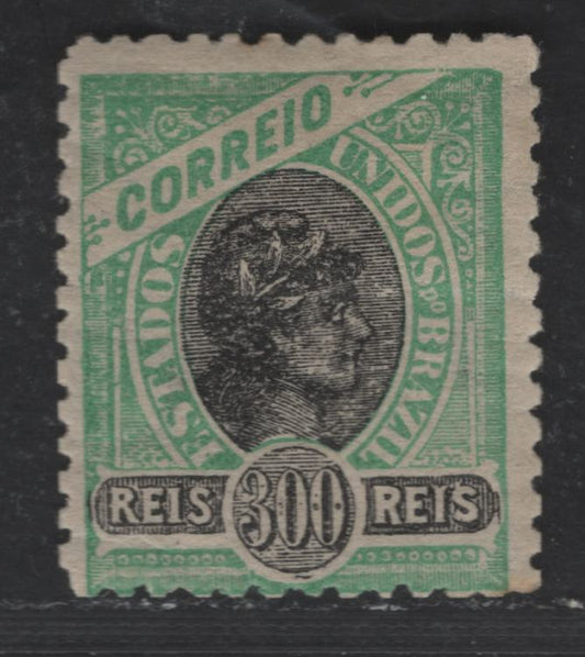 Lot 34 Brazil SC#171 300r Green & Black 1905 Liberty Head Issue, Watermark 97/98, A FOG Single, Click on Listing to See ALL Pictures, 2022 Scott Classic Cat. $65, Net. Est. $32.50