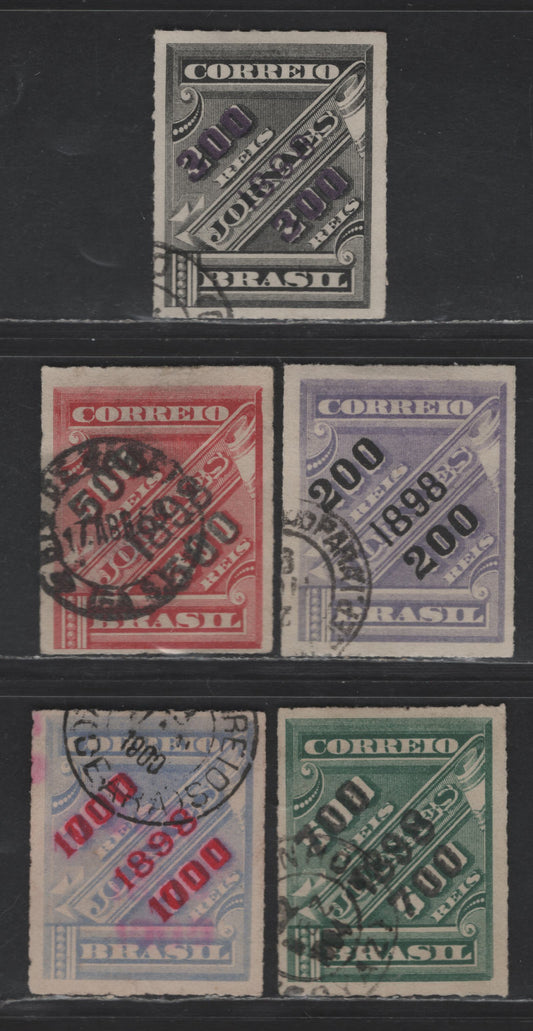 Lot 35 Brazil SC#131/135 1898 Newspaper Stamps Surcharged Issue, 5 Very Fine Used Singles, Click on Listing to See ALL Pictures, 2022 Scott Classic Cat. $25.7