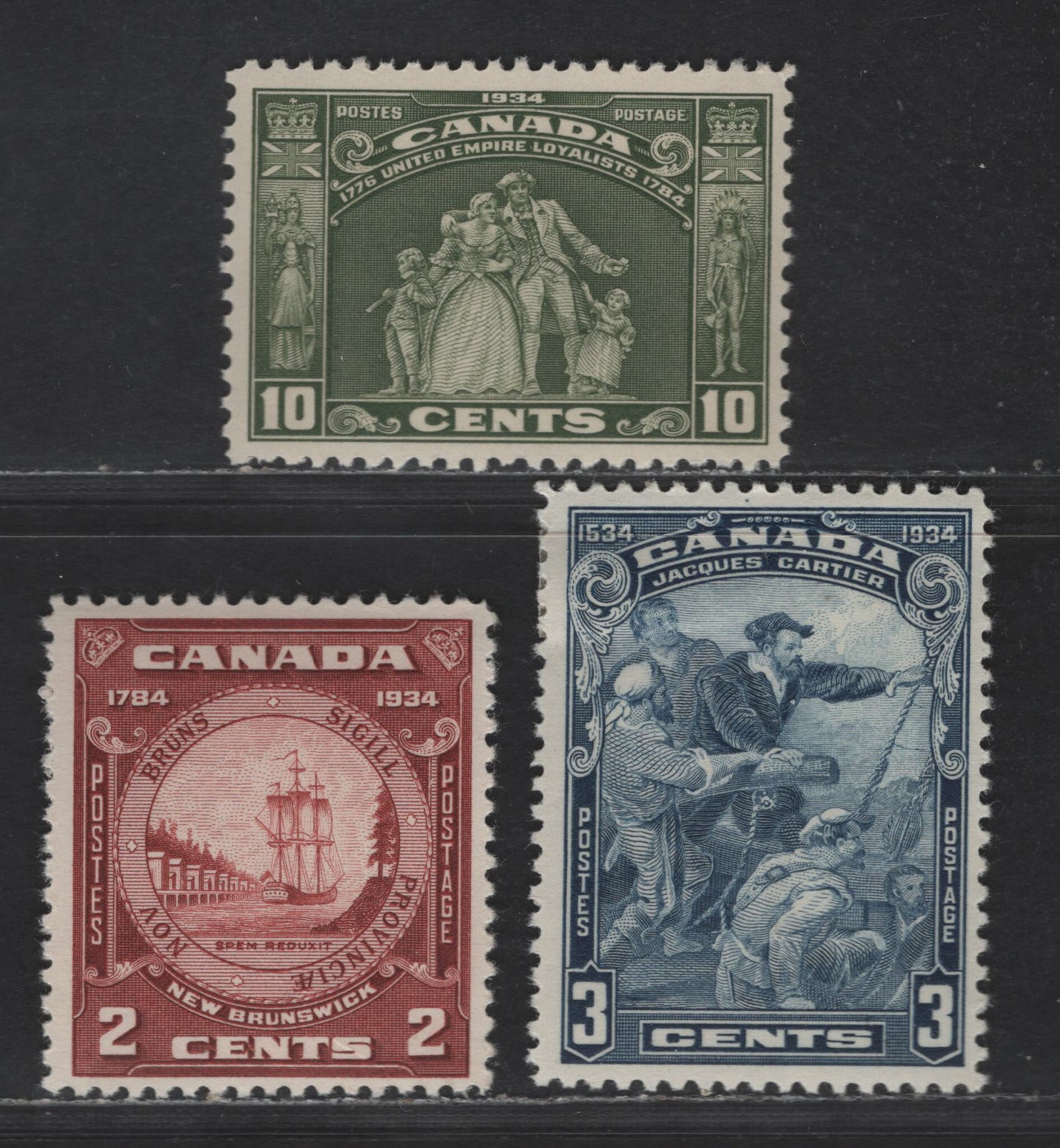 Canada #208-210 2c-10c Red Brown - Olive Green Jacques Cartier & Crew - NB Seal, 1934 400th Anniversary Of Discovery Of Canada - 150th Anniversary Of Founding Of NB Issues, 3 VFOG Singles