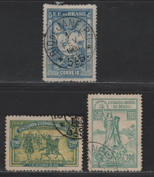 Lot 40 Brazil SC#163-165 1900 Discovery of Brazil 400th Anniv Issue, SON Cancel, 3 Fine & Very Fine Used Singles, Click on Listing to See ALL Pictures, 2022 Scott Classic Cat. $13.5