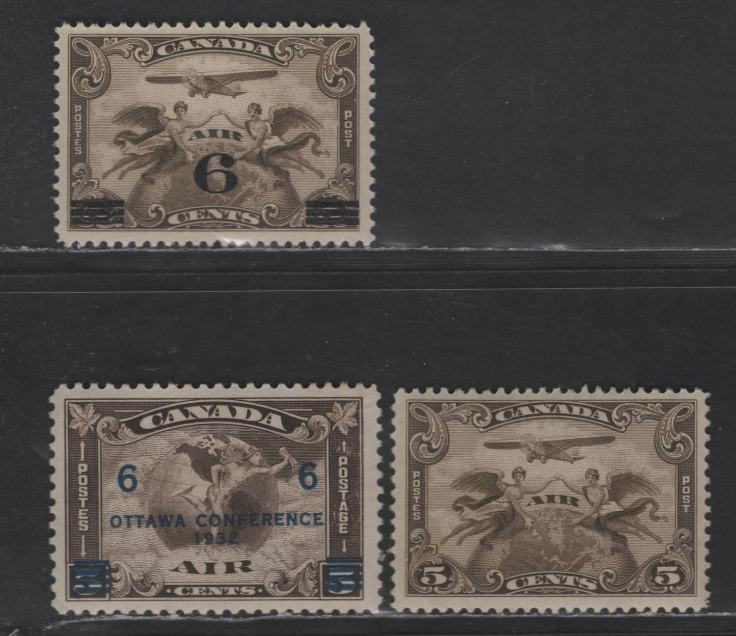 Canada #C1, C3-C4 5c & 6c On 5c Olive Brown & Deep Olive Brown Winged Figures & Mercury & Globe, 1928-1932 Scroll Issue - Ottawa Conference Airmails, 3 VFOG Singles