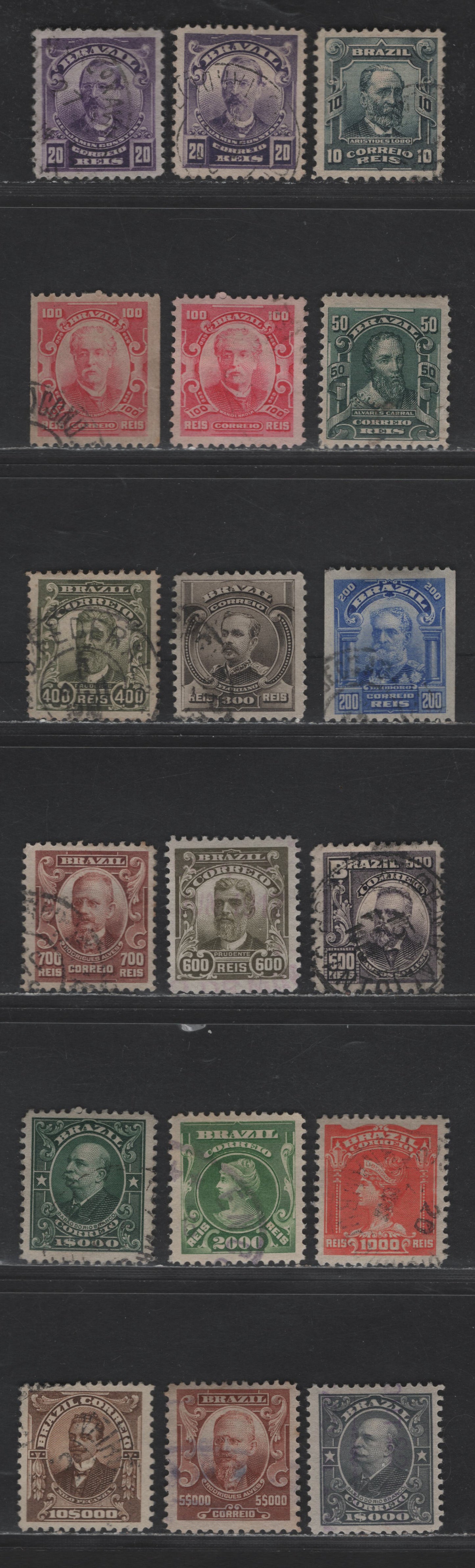 Lot 44 Brazil SC#174/198 1906-1917 Famous Brazilians Issues, With Additional Shades, & Coils, 18 Very Fine Used Singles, Click on Listing to See ALL Pictures, 2022 Scott Classic Cat. $26.45