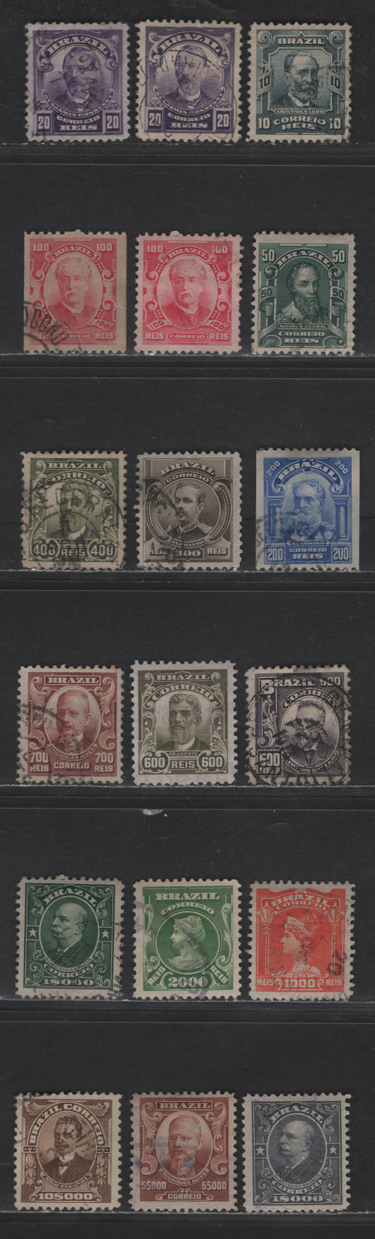 Lot 44 Brazil SC#174/198 1906-1917 Famous Brazilians Issues, With Additional Shades, & Coils, 18 Very Fine Used Singles, Click on Listing to See ALL Pictures, 2022 Scott Classic Cat. $26.45