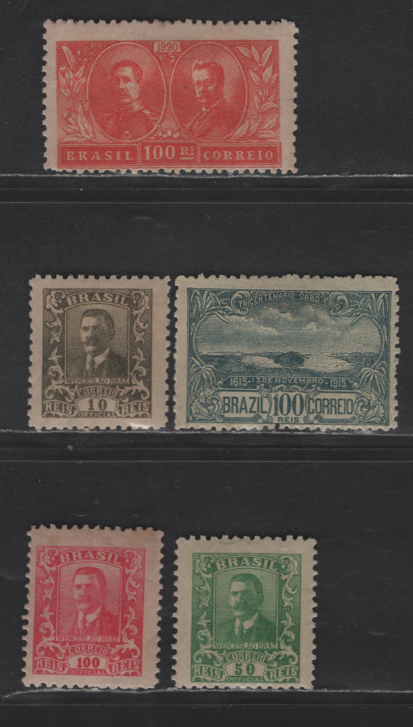 Lot 48 Brazil SC#195/O32 1915-1919 Founding of the town of Cabo Frio, 300th Anniv - Official Issues, 5 Fine & VFOG Singles, Click on Listing to See ALL Pictures, 2022 Scott Classic Cat. $10.4